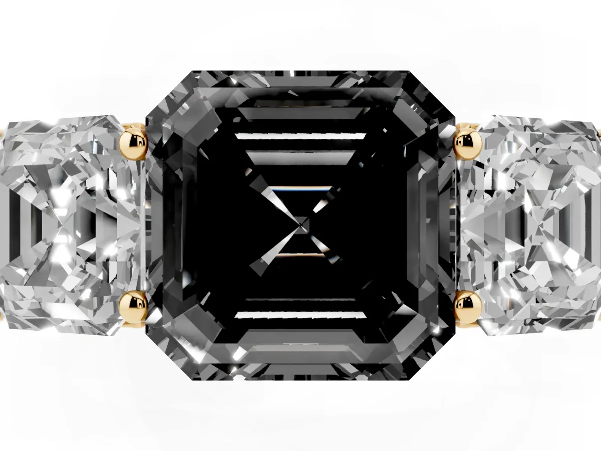 Fancy Black Asscher Cut Three-Stone Diamond Ring with Prong Setting on a Classic Band Yellow gold