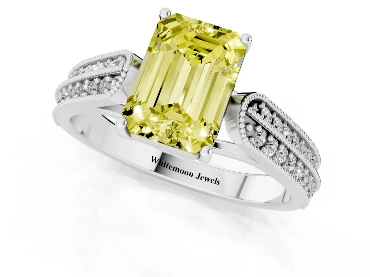 Fancy Yellow Emerald Cut Cut Pave Split Shank Engagement Ring with Four-Prong Setting White gold