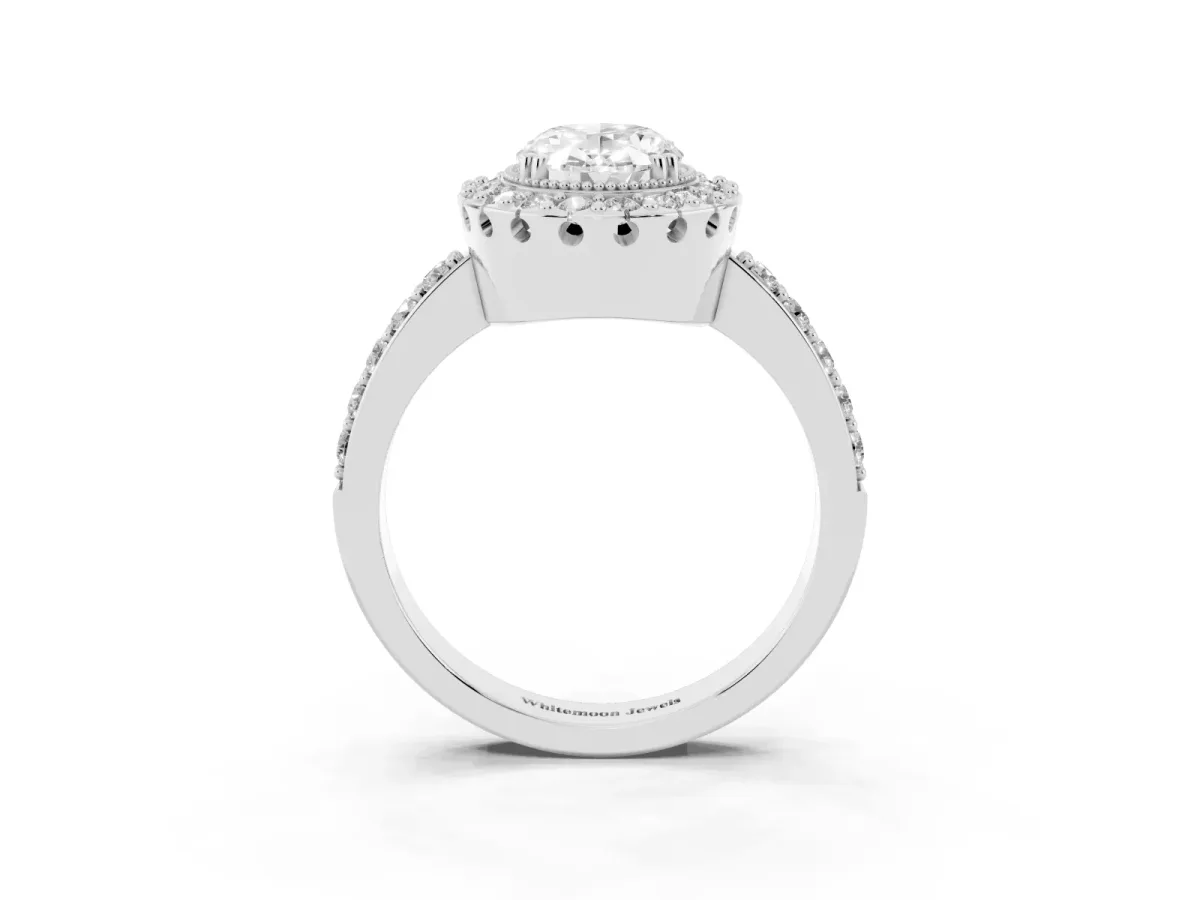 Oval Cut Diamond Halo Ring with Pavé Band and Prong Setting Silver