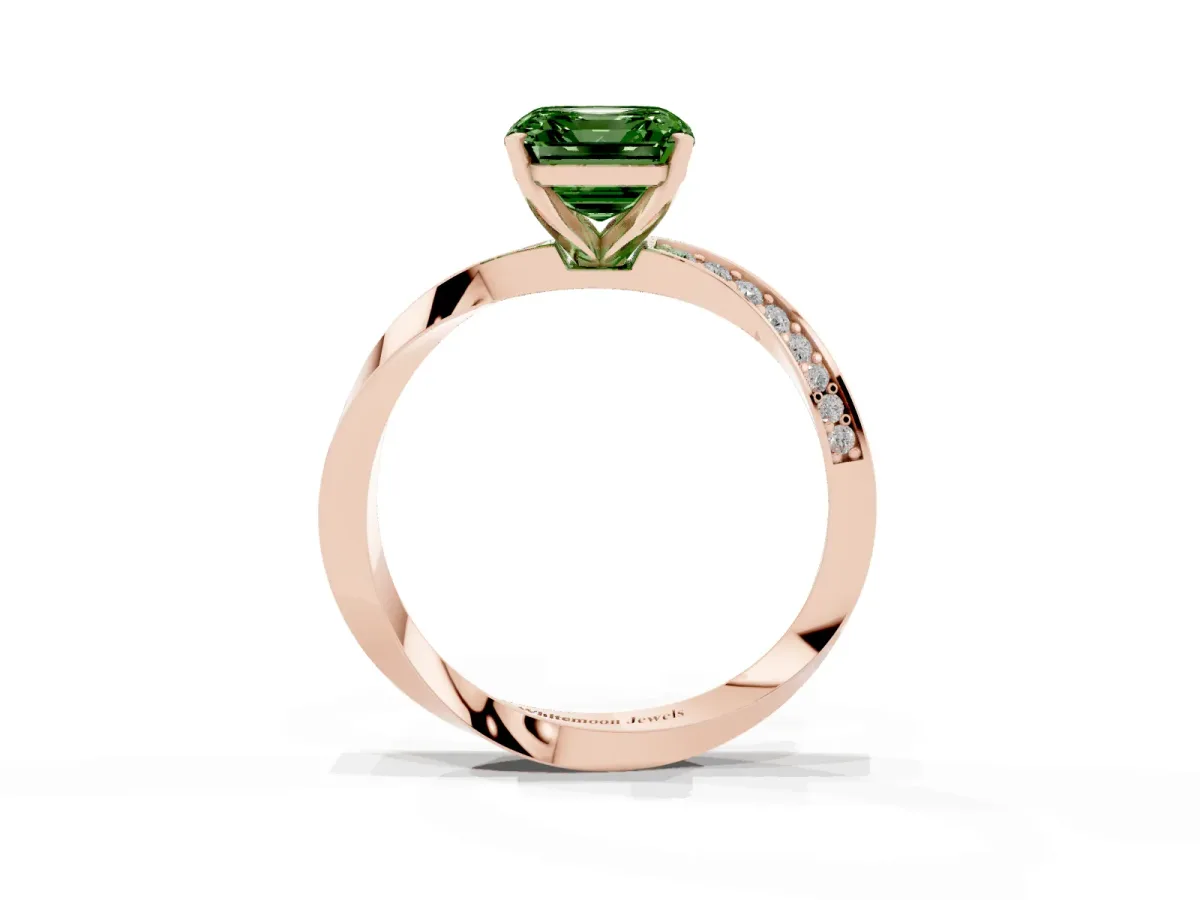 Fancy Green Asscher Cut Diamond Engagement Ring with Side Stone Accents and Four-Prong Setting Rose gold
