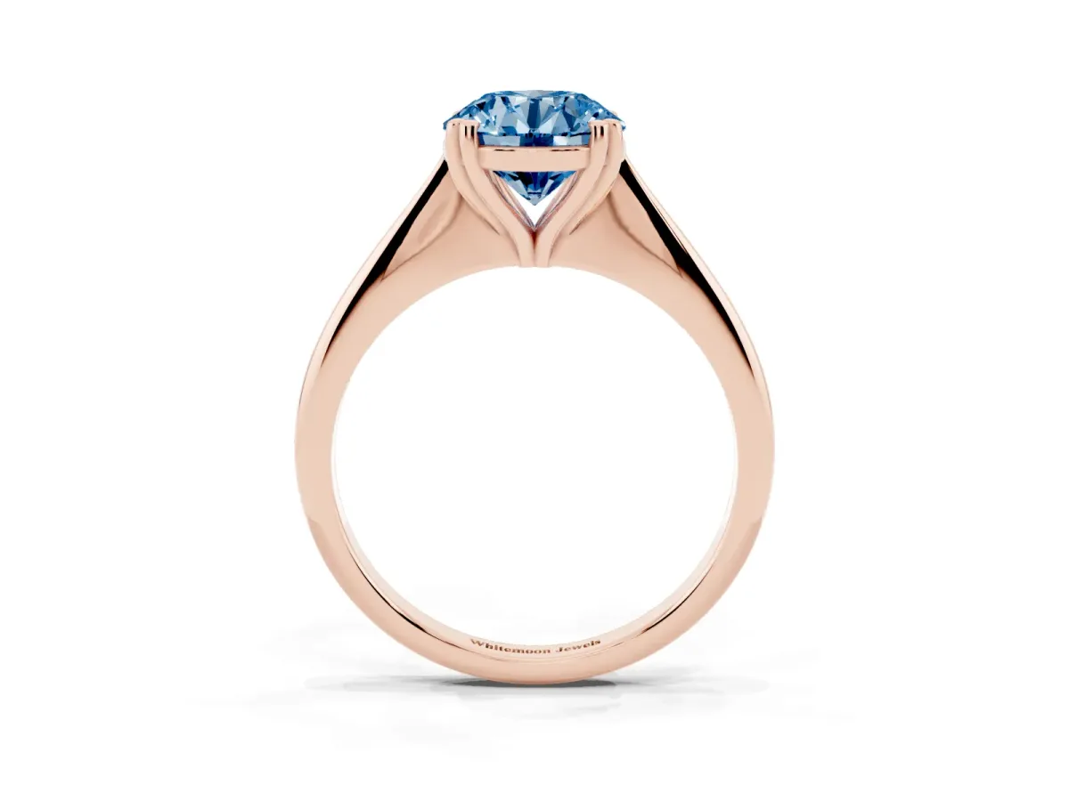Fancy Blue Round Cut Solitaire Diamond Ring with Six-Prong Setting and Classic Band Rose gold