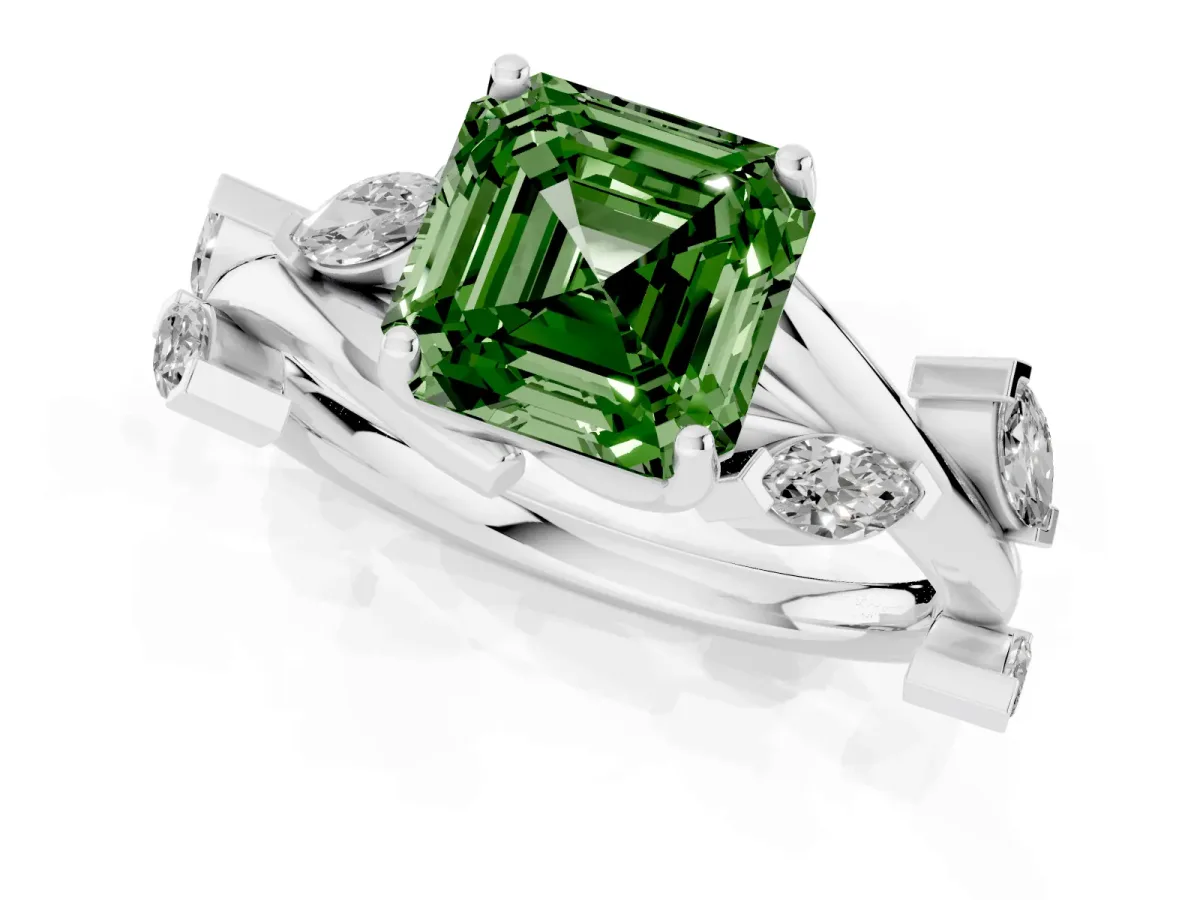 Fancy Green Asscher Cut Solitaire Twisted Band Marquise Accent Prong Setting Ring Silver