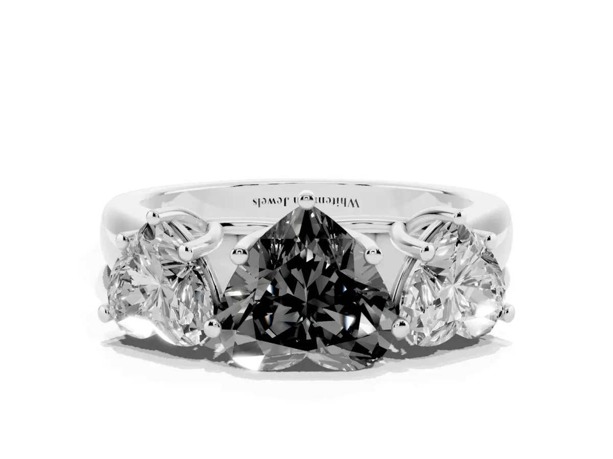 Fancy Black Heart Cut Three-Stone Diamond Ring with Prong Setting on a Classic Band Silver