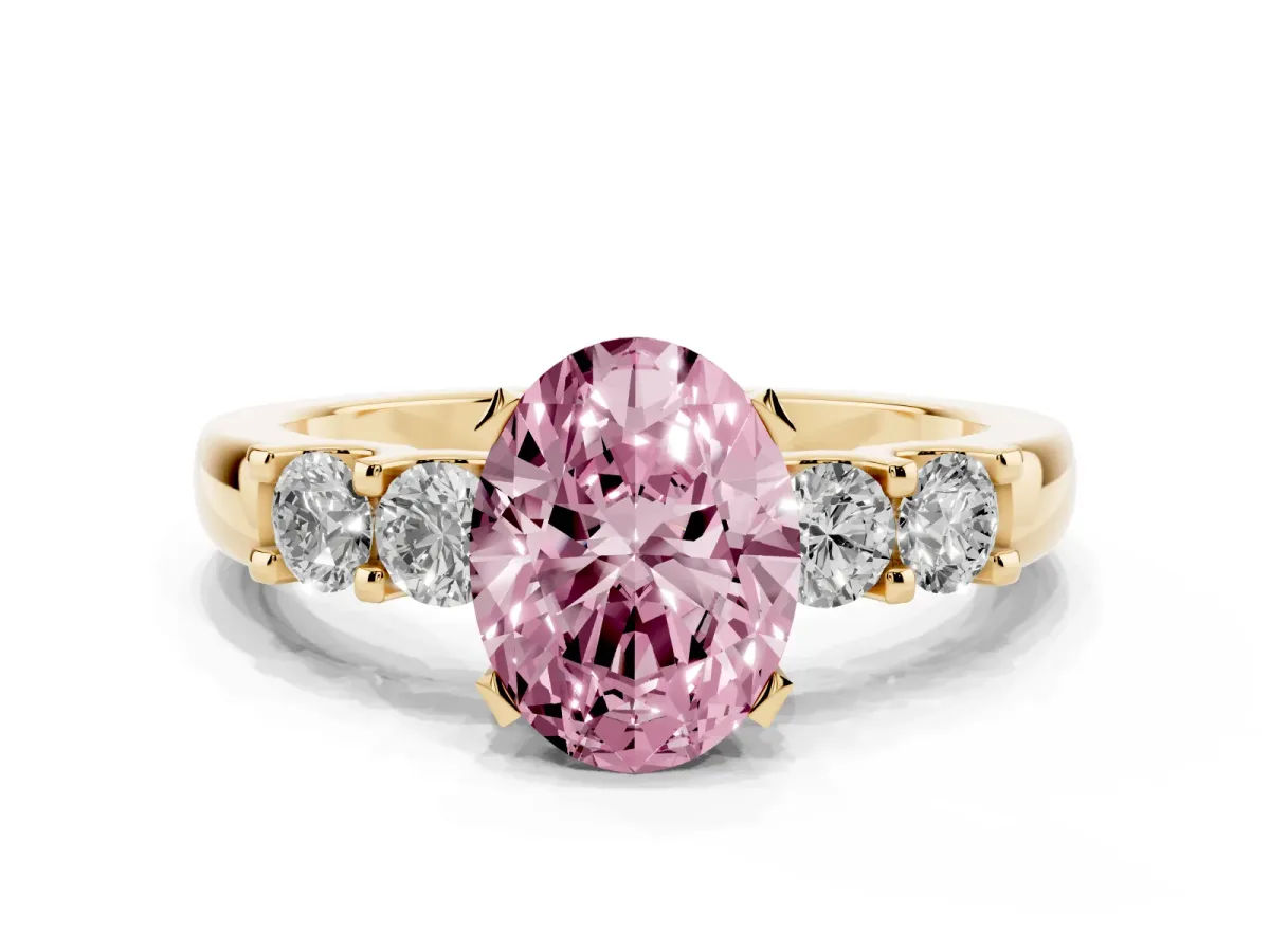 Fancy Pink Oval Cut Brilliant Cut Diamond Five-Stone Prong Set Engagement Ring with Channel Band Yellow gold