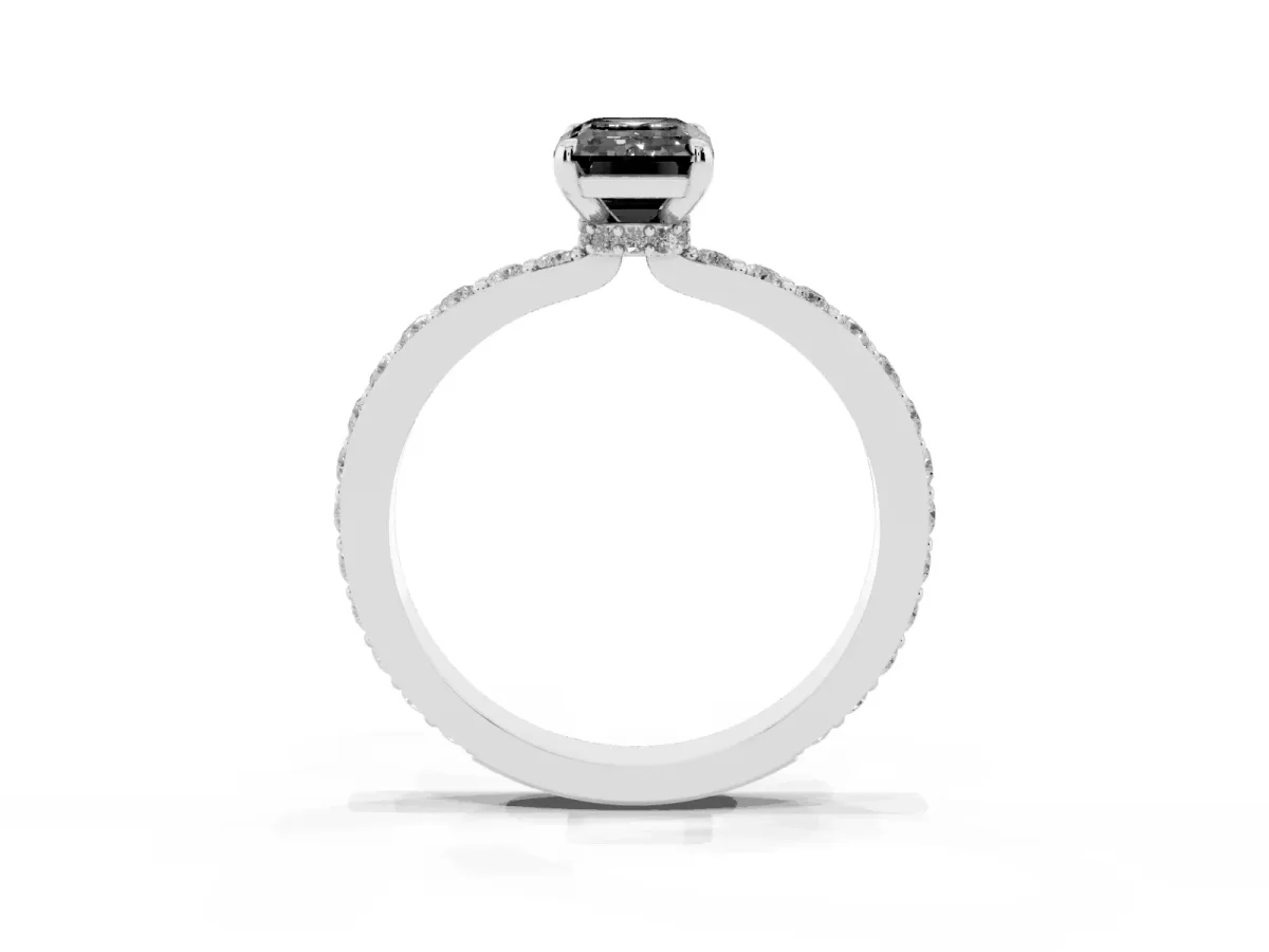 Fancy Black Emerald Cut Diamond Solitaire Engagement Ring with Pavé Band and Four-Prong Setting Platinum