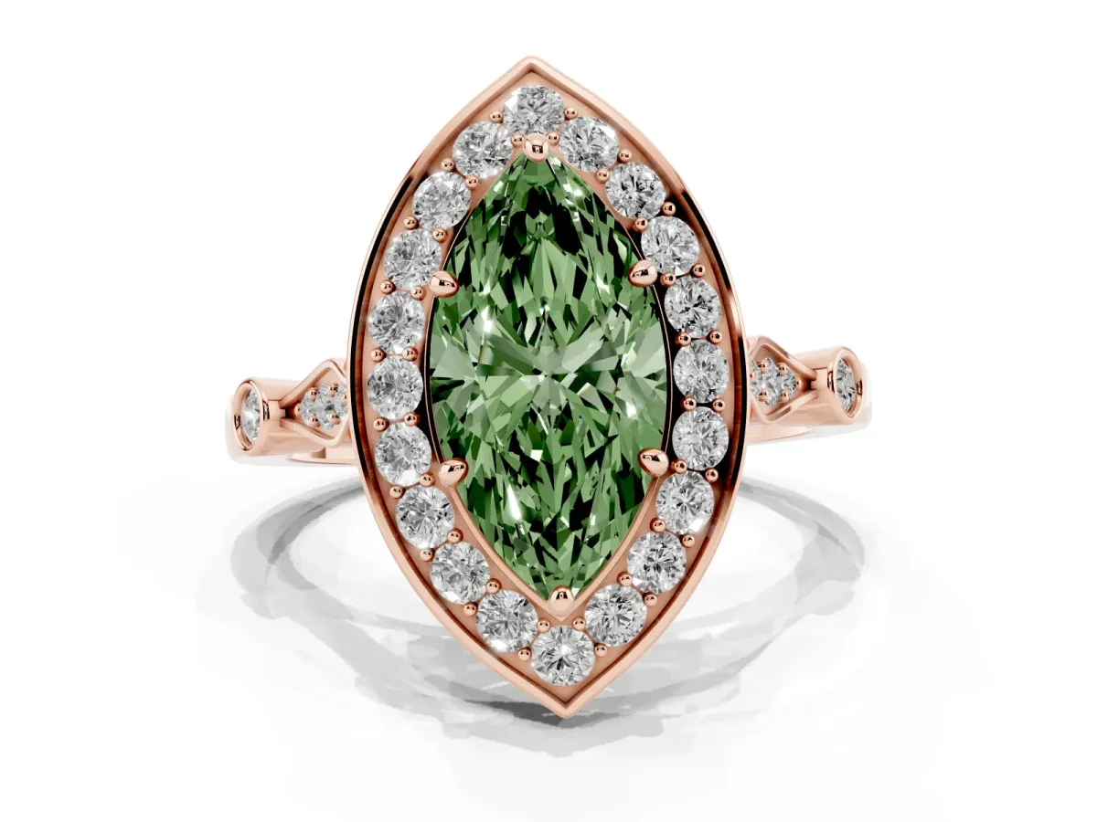 Fancy Green Marquise Cut Halo Diamond Engagement Ring with Twisted Band and Four-Prong Setting Rose gold