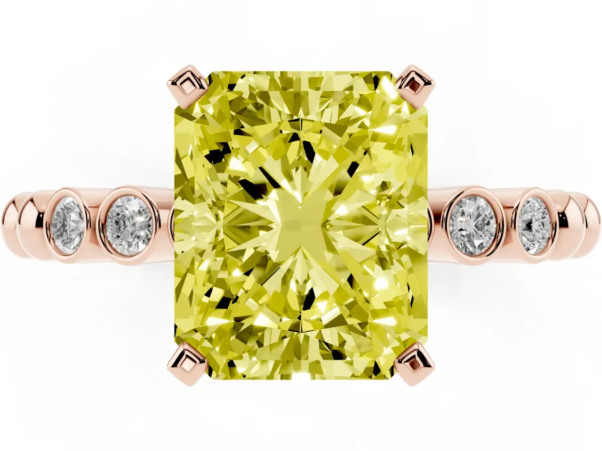 Fancy Yellow Radiant Cut Solitaire Bezel Accent Diamond Engagement Ring with Beaded Band and Four-Prong Setting Rose gold