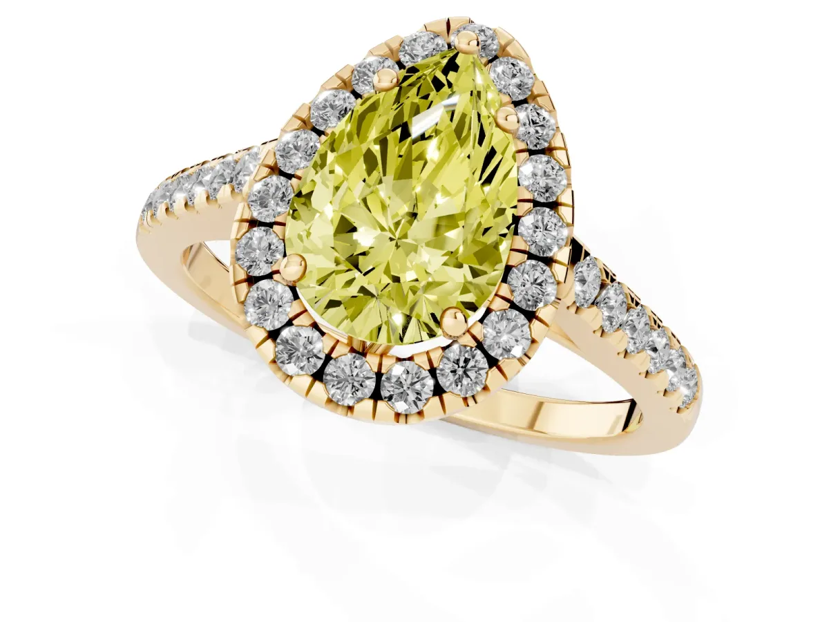 Fancy Yellow Pear Cut Halo Pavé Diamond Engagement Ring with Four-Prong Setting Yellow gold