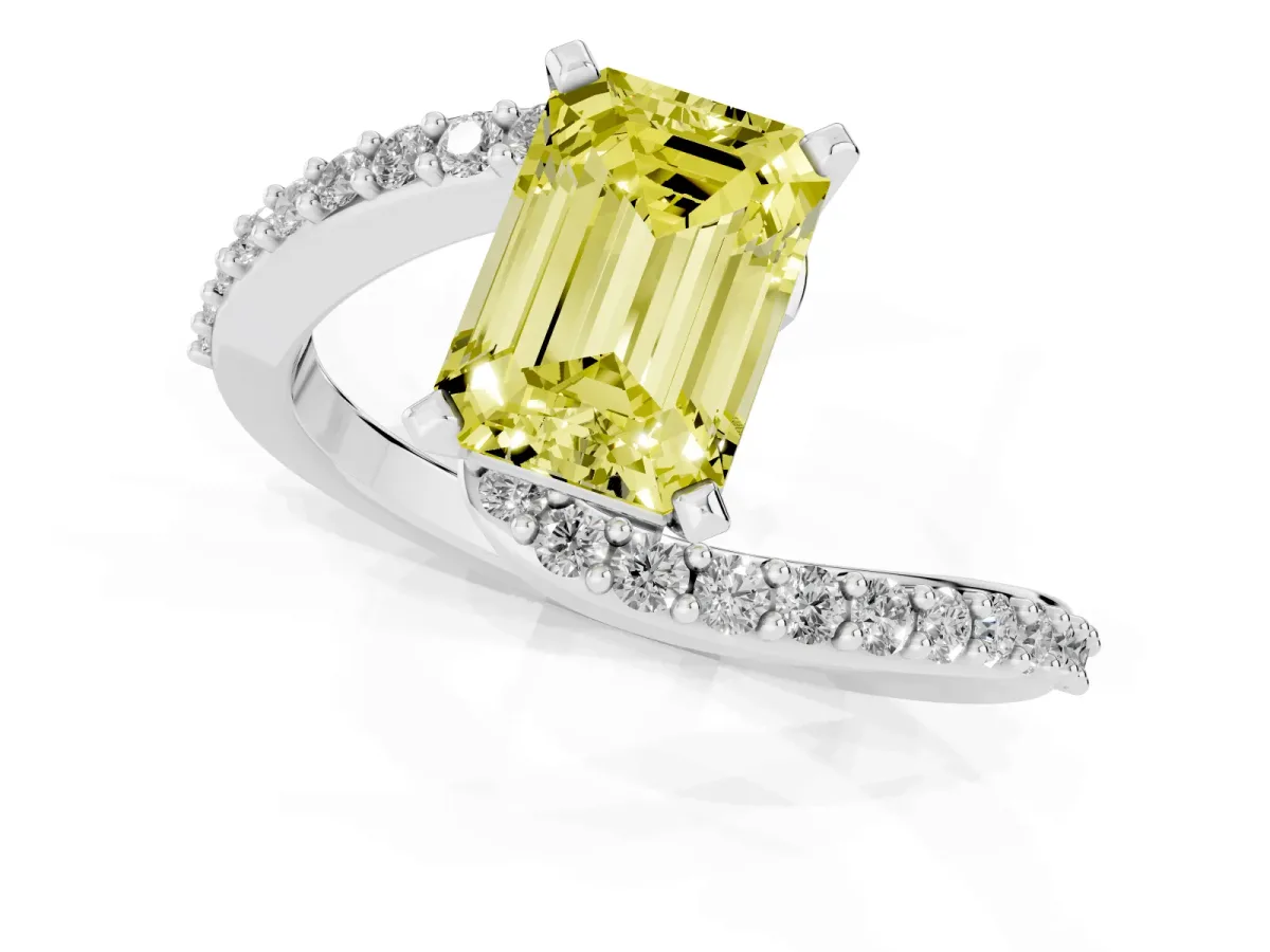Fancy Yellow Emerald Cut Solitaire Twist Band with Pave Set Diamonds and Four-Prong Setting White gold
