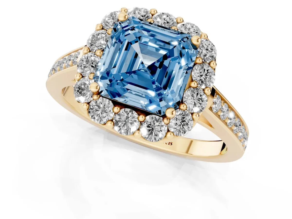 Fancy Blue Asscher Cut Diamond Floral Halo Ring with Pavé Band and Prong Setting Yellow gold