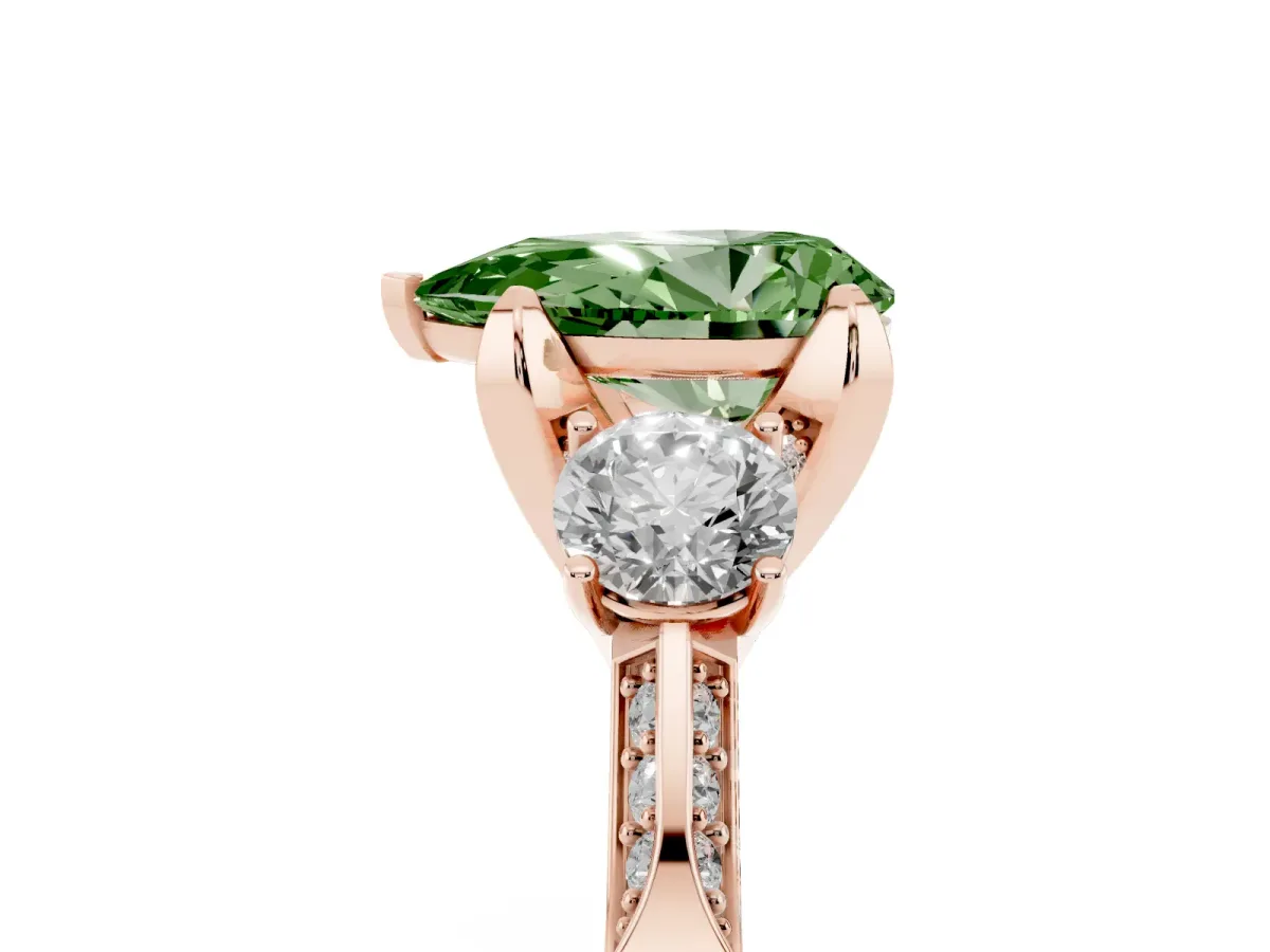 Fancy Green Pear Cut Brilliant Three-Stone Diamond Ring with Pavé Band and Four-Prong Setting Rose gold