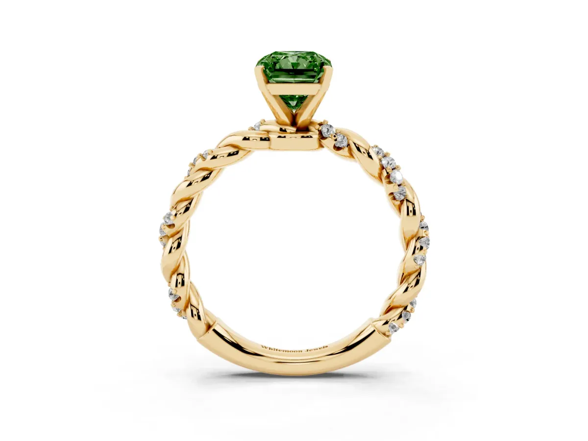 Fancy Green Radiant Cut Diamond Solitaire Ring with Twisted Band and Pavé Accents Yellow gold