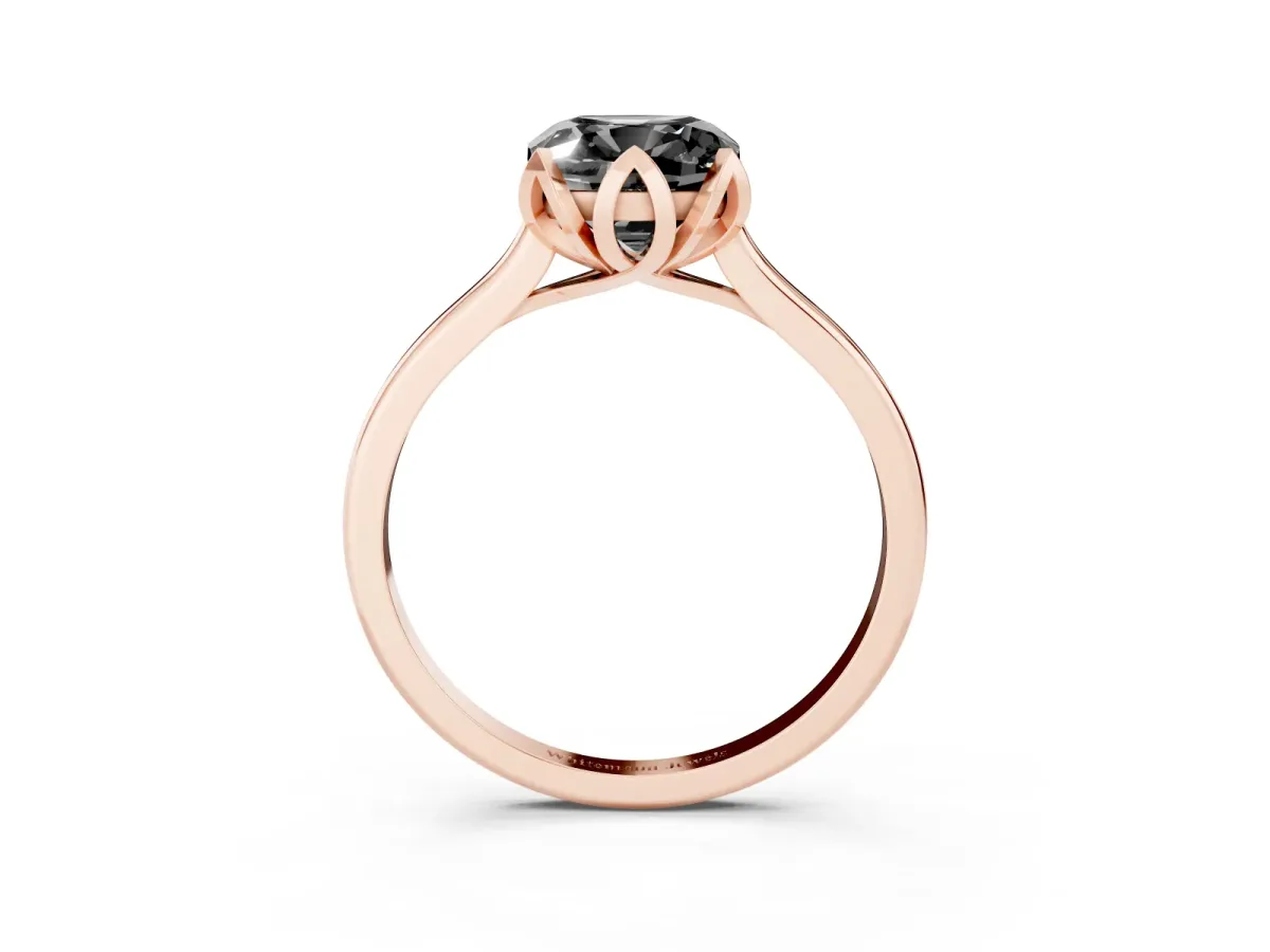 Fancy Black Cushion Cut Diamond Solitaire Ring with Flower Prong Setting and Classic Band Rose gold
