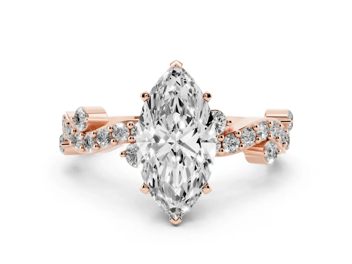 Marquise Cut Cut Solitaire Diamond Twisted Band with Pave Setting Rose gold