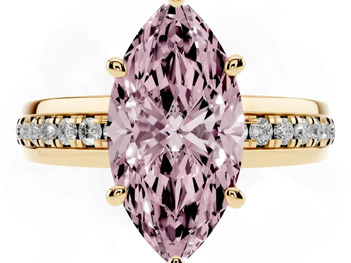 Fancy Pink Marquise Cut Solitaire Diamond Ring with Channel Set Band and Six-Prong Setting Yellow gold