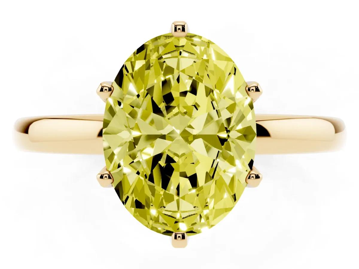 Fancy Yellow Oval Cut Solitaire Diamond Ring with Six-Prong Setting on a Classic Band Yellow gold