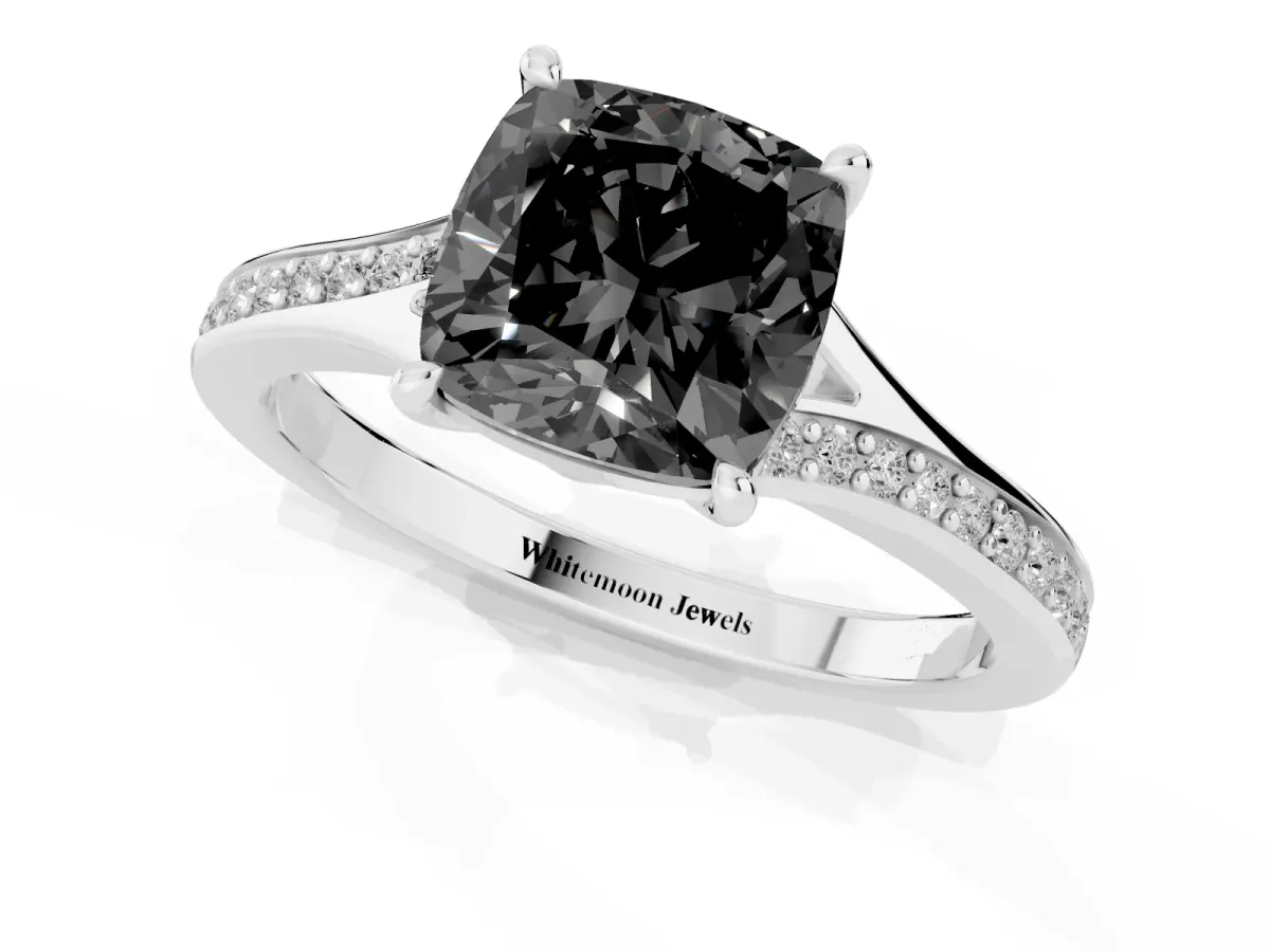 Fancy Black Cushion Cut Diamond Solitaire Ring with Pavé Band and Prong Setting Silver