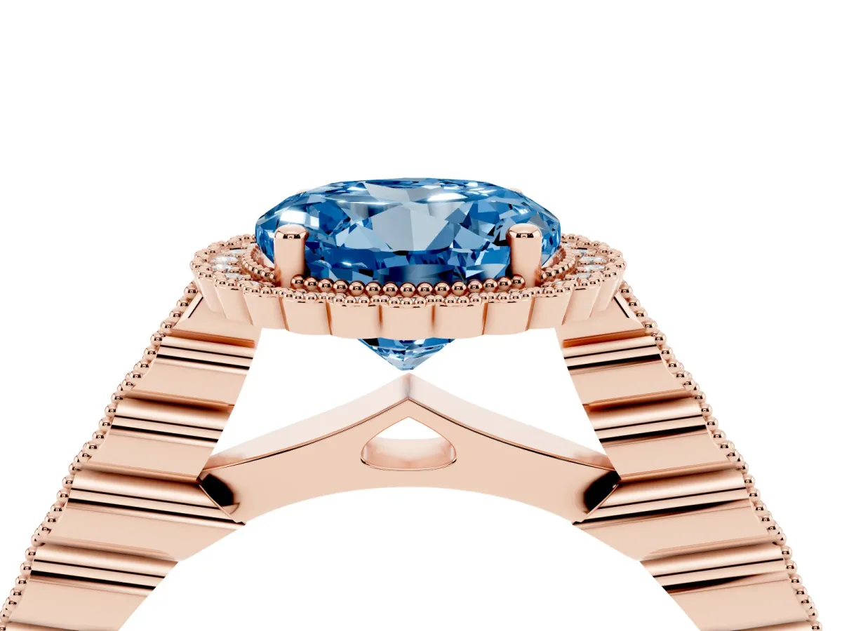 Fancy Blue Round Cut Cut Halo Pavé Solitaire Ring with Milgrain Band Rose gold