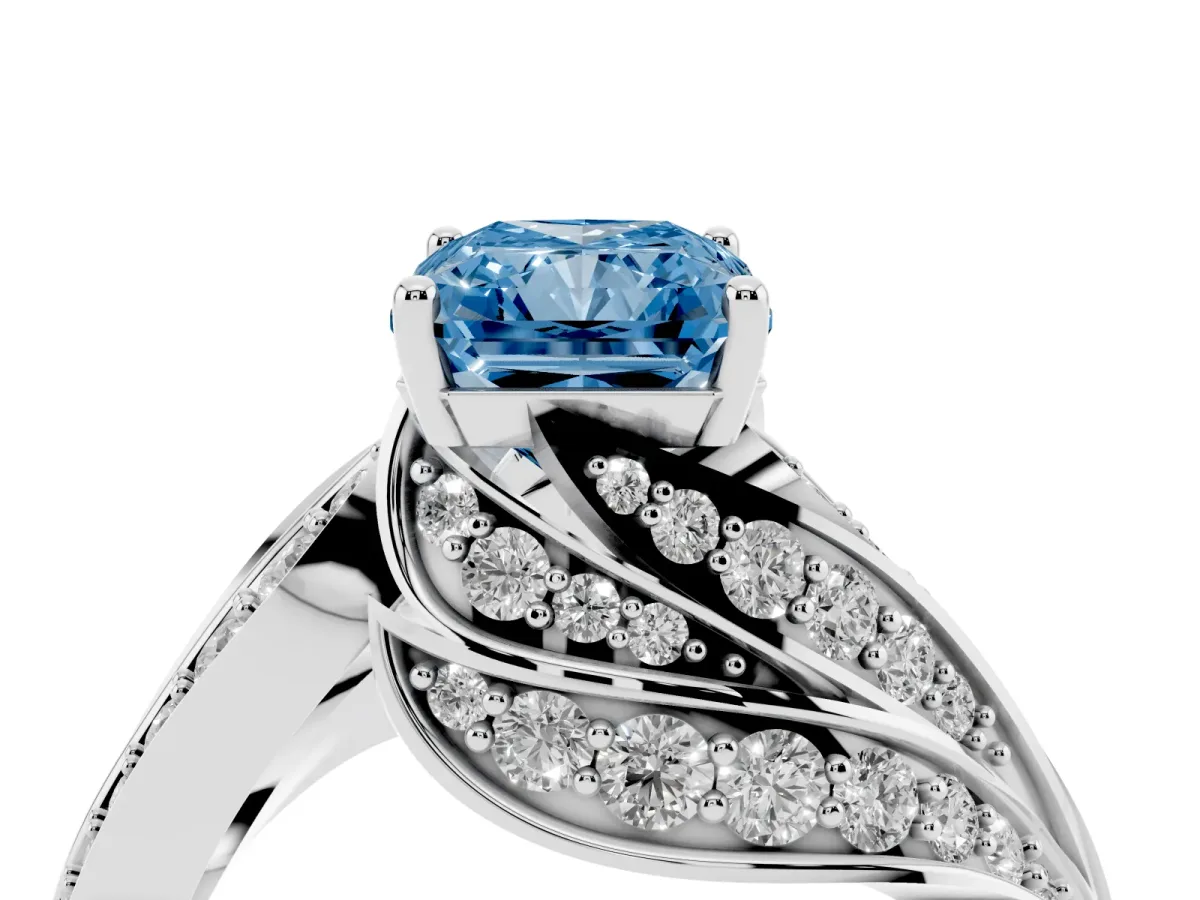 Fancy Blue Radiant Cut Diamond Solitaire Ring with Prong Setting and Twisted Pavé Band Silver