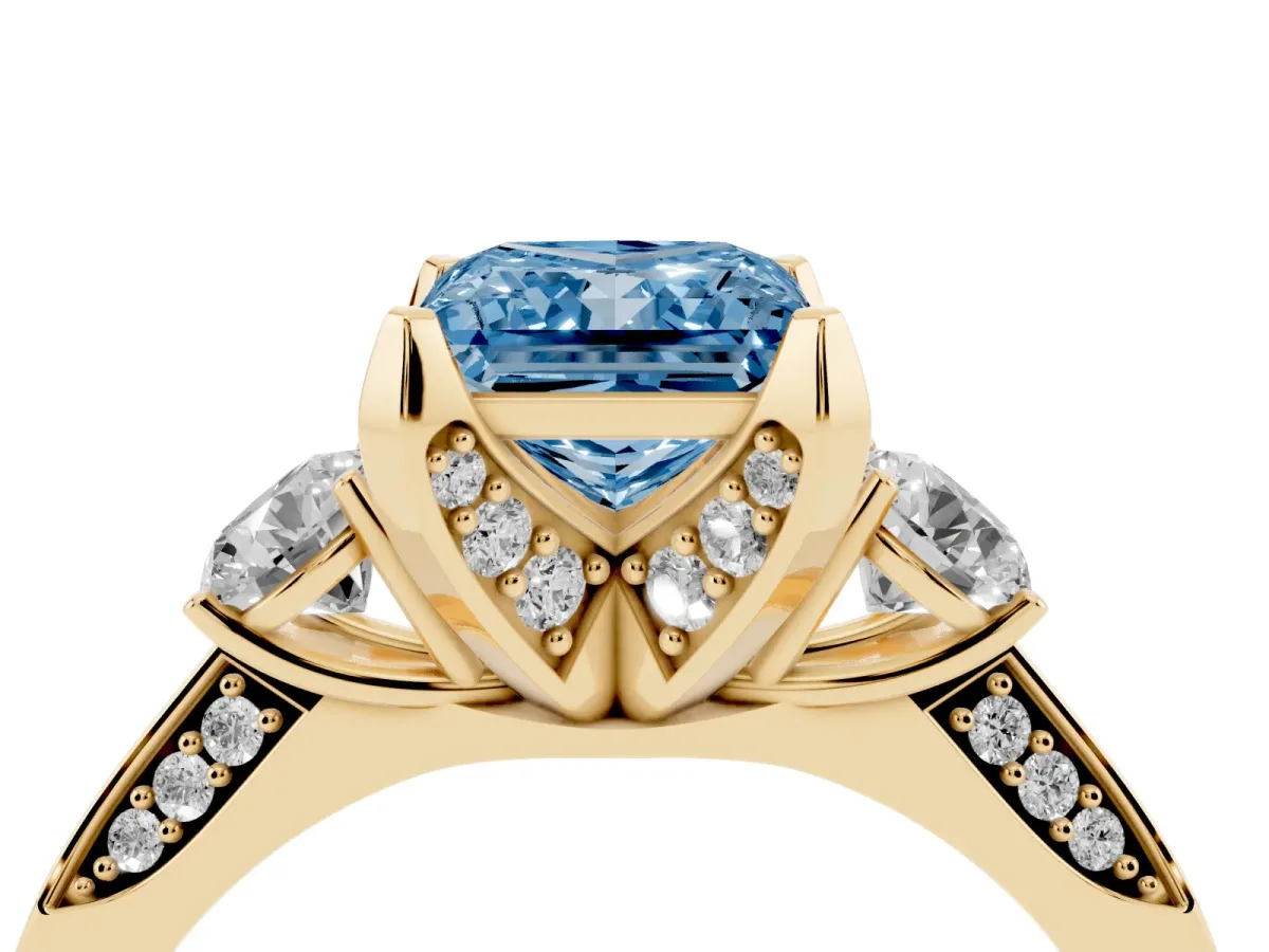 Fancy Blue Princess Cut Brilliant Three-Stone Diamond Ring with Pavé Band and Four-Prong Setting Yellow gold