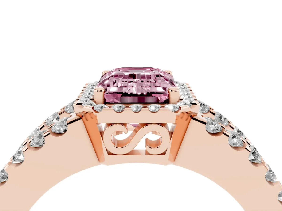 Fancy Pink Emerald Cut Cut Halo Split Shank Diamond Ring with Four-Prong Setting Rose gold