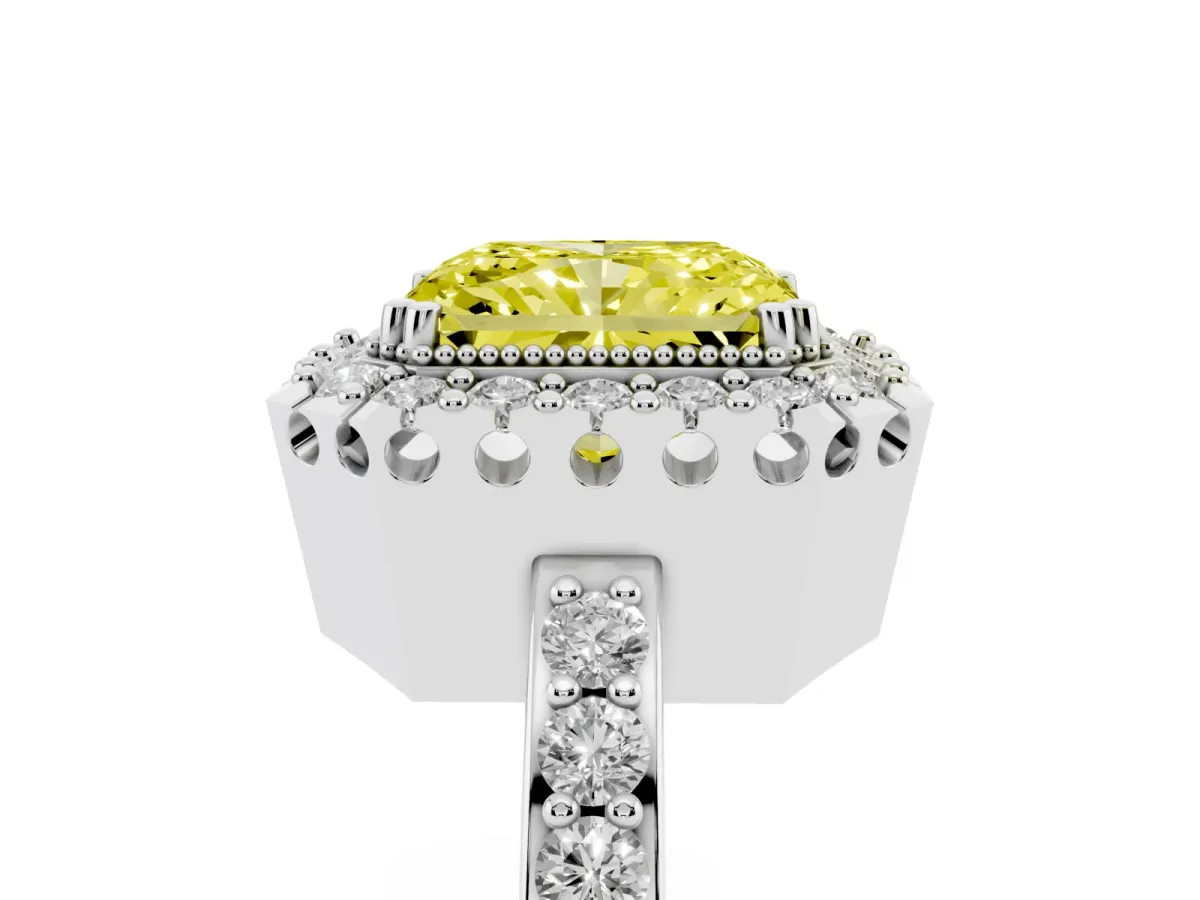 Fancy Yellow Radiant Cut Diamond Halo Ring with Pavé Band and Prong Setting White gold