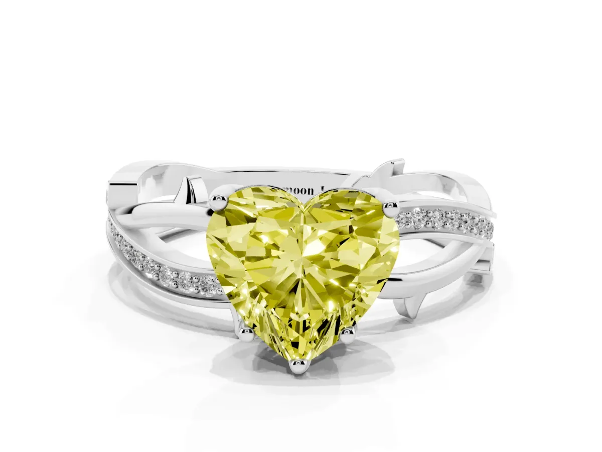 Fancy Yellow Heart Cut Solitaire Twist Band with Pavé Accents and Four-Prong Setting Silver