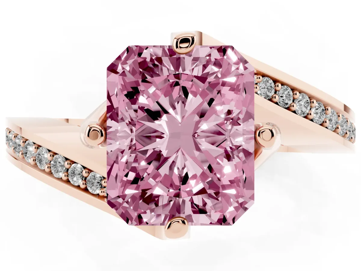 Fancy Pink Radiant Cut Solitaire Diamond Twist Band with Pavé Setting and Four-Prong Setting Rose gold