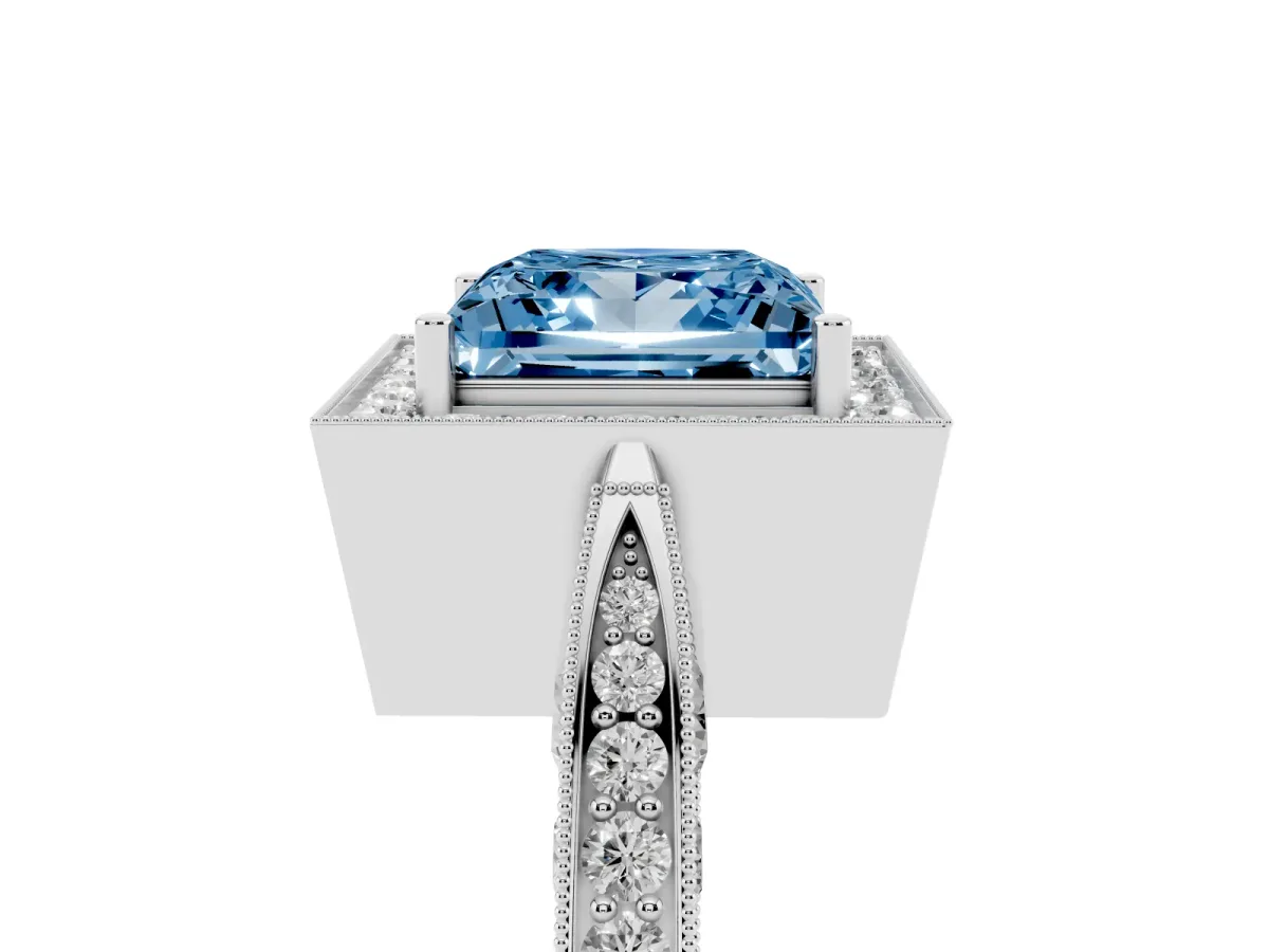 Fancy Blue Princess Cut Halo Diamond Engagement Ring with Split Shank Band and Four-Prong Setting Silver