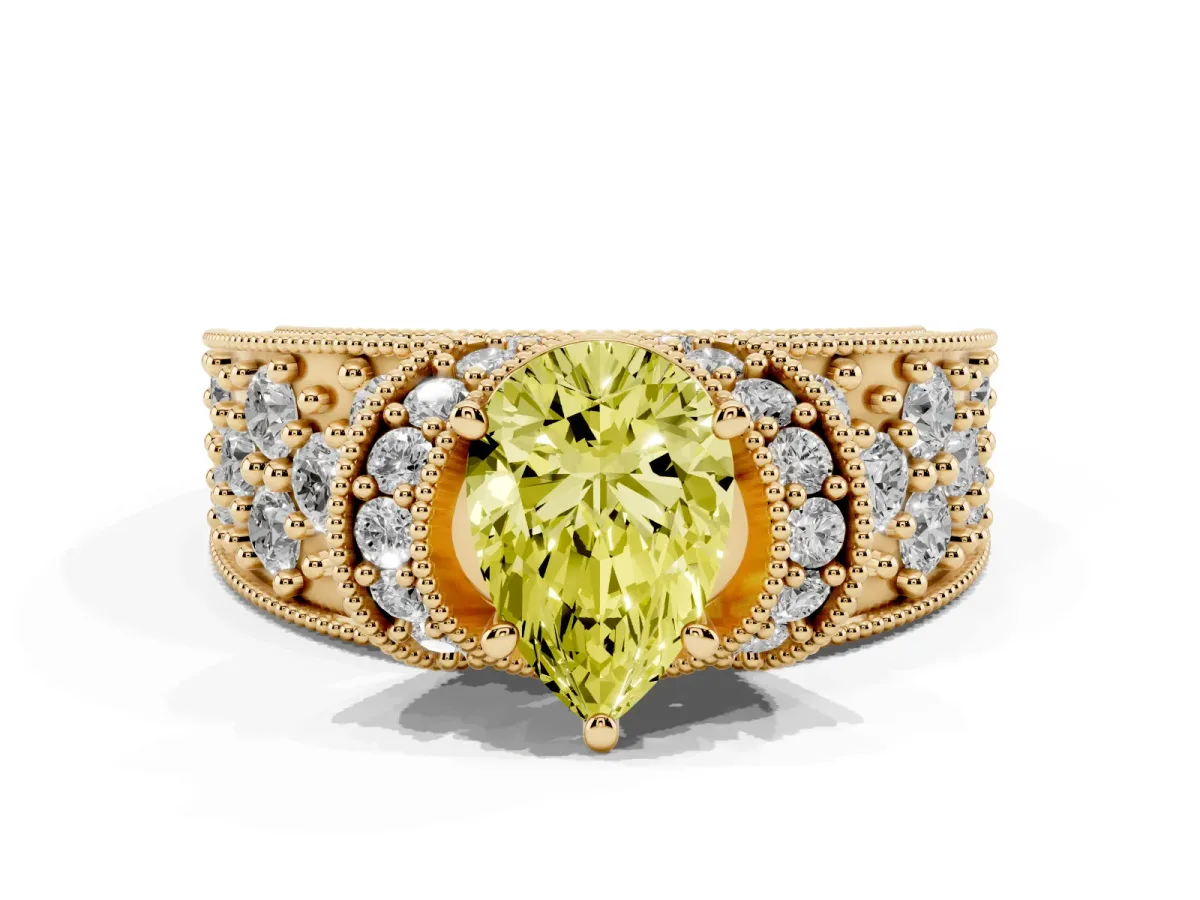 Fancy Yellow Pear Cut Halo Pave Diamond Engagement Ring with Milgrain Detailing Yellow gold