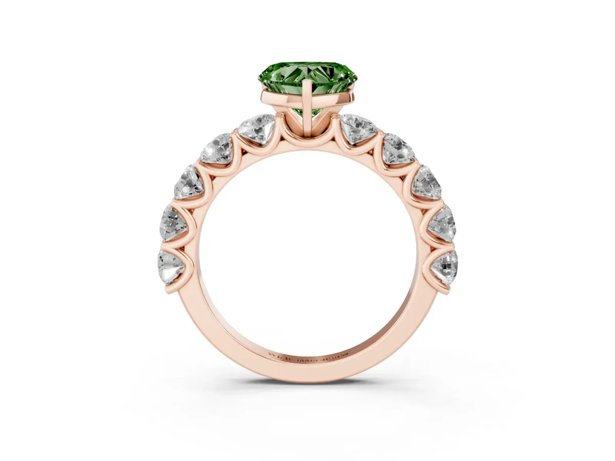 Fancy Green Heart Cut Diamond Prong Setting with Side Stones on a Pave Band Rose gold