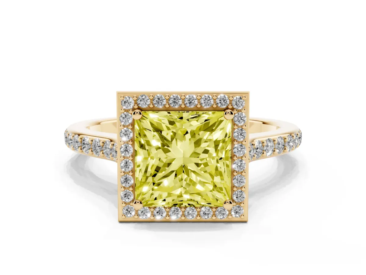 Fancy Yellow Princess Cut Diamond Halo Engagement Ring with Round Pavé Shoulders and Prong Setting Yellow gold
