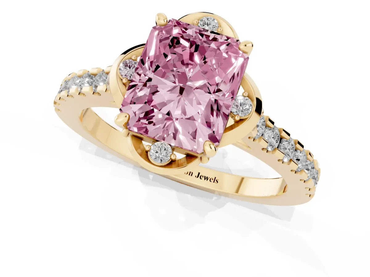 Fancy Pink Radiant Cut Diamond Ring with Pavé Band and Floral Prong Setting Yellow gold