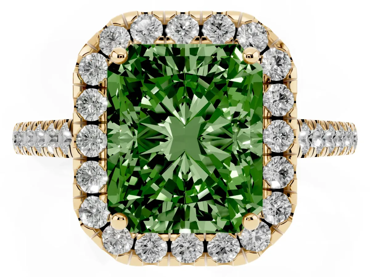 Fancy Green Radiant Cut Halo Pavé Diamond Engagement Ring with Four-Prong Setting Yellow gold