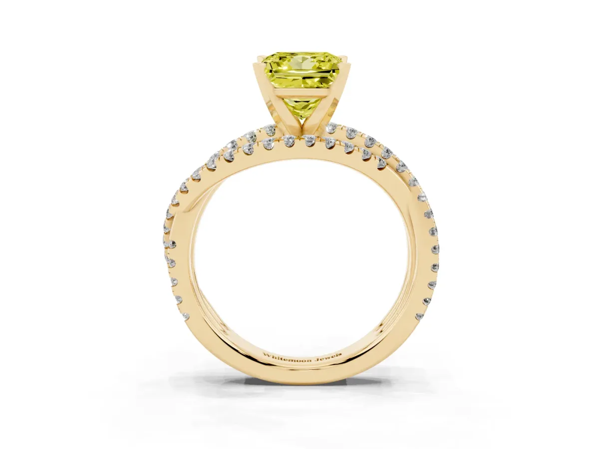 Fancy Yellow Princess Cut Solitaire Twist Band with Pavé Setting and Four-Prong Setting Yellow gold