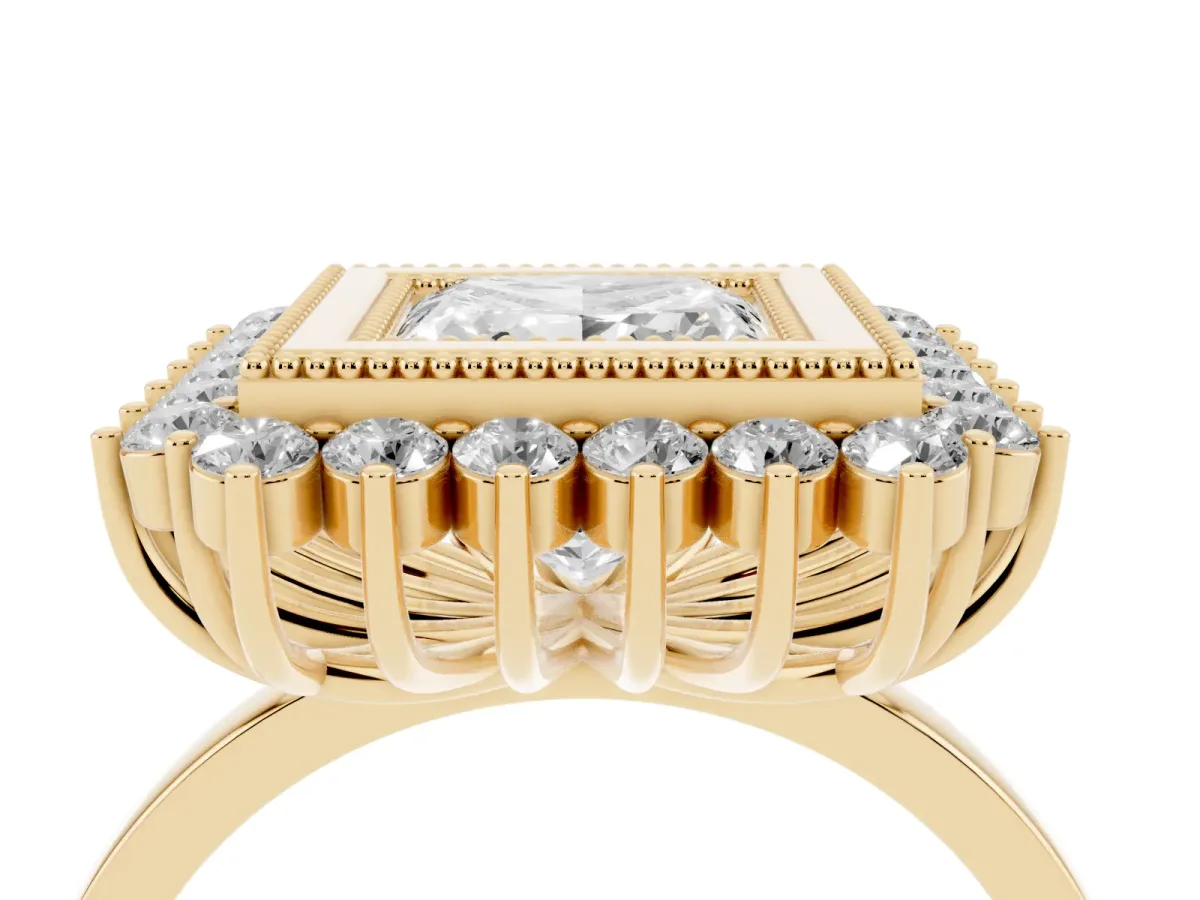 Princess Cut Halo Diamond Ring with Milgrain Edge and Round Prong Setting Yellow gold