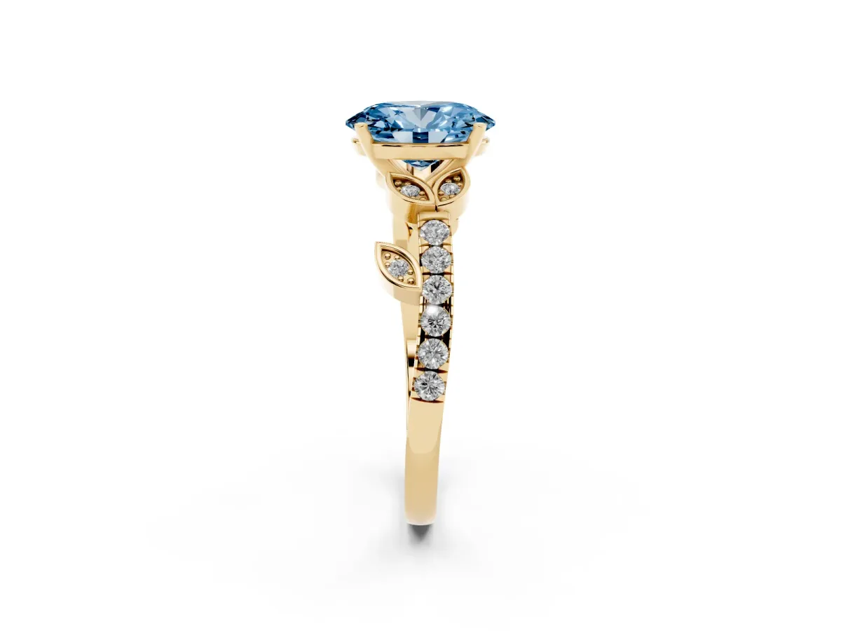 Fancy Blue Oval Cut Solitaire Leaf-Inspired Diamond Ring with Pavé Band and Four-Prong Setting Yellow gold