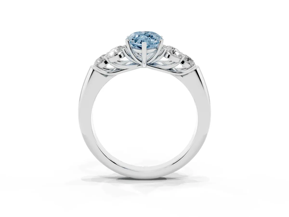 Fancy Blue Marquise Cut Cut Diamond Cluster Ring with Round Accent Stones and Prong Setting on a Classic Band Platinum