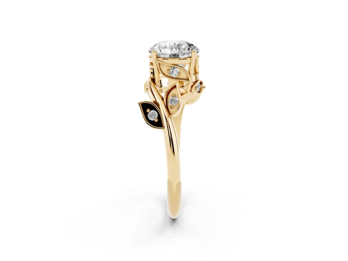 Round Cut Solitaire Twist Engagement Ring with Leaf Accents and Prong Setting Yellow gold