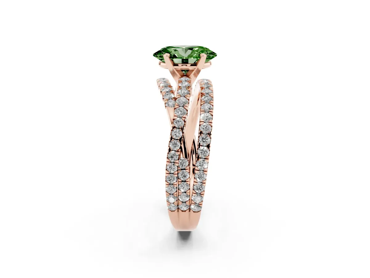 Fancy Green Oval Cut Solitaire Twist Band with Pavé Setting and Four-Prong Setting Rose gold