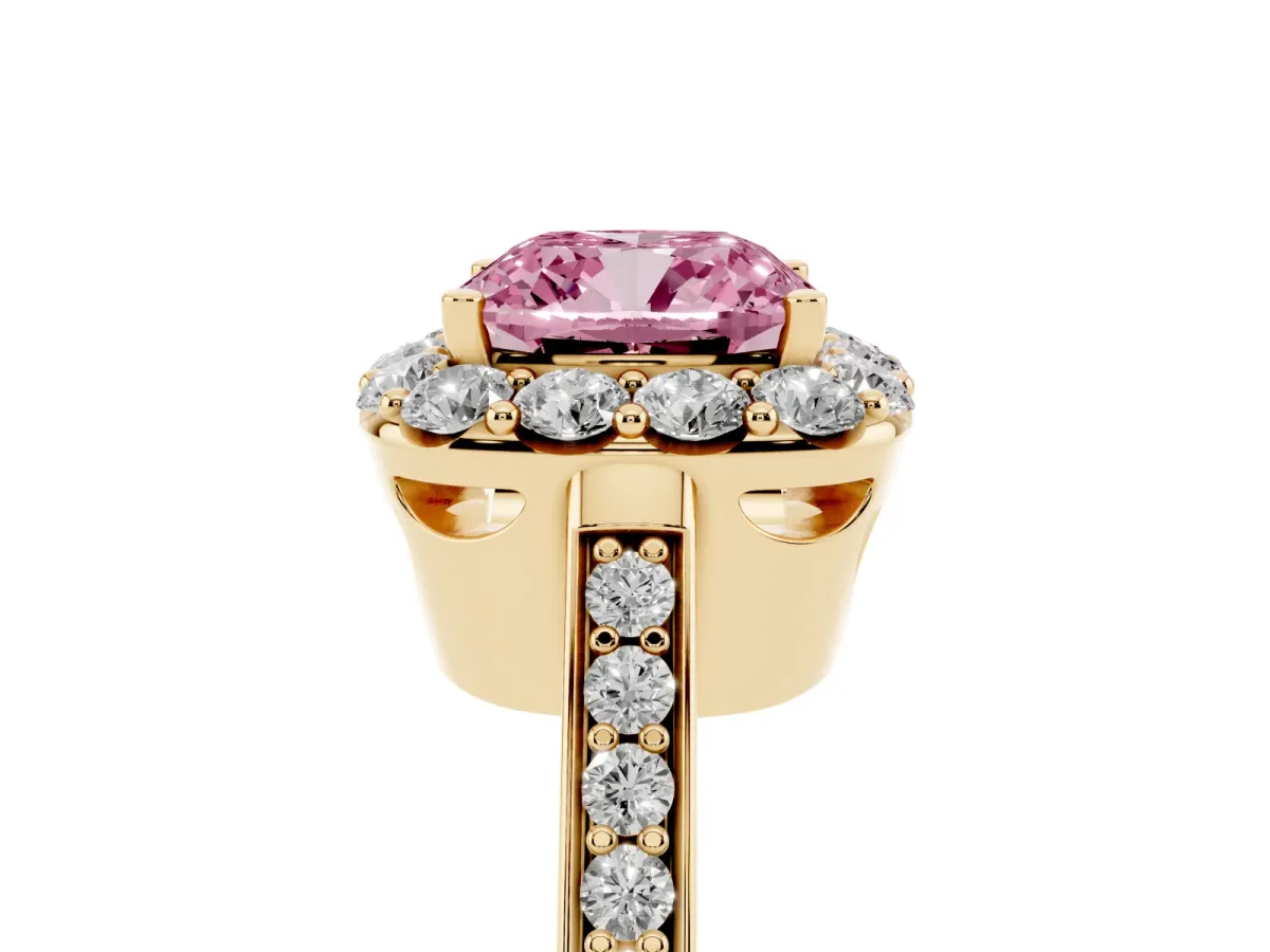 Fancy Pink Cushion Cut Diamond Floral Halo Ring with Pavé Band and Prong Setting Yellow gold