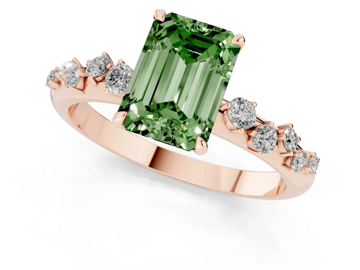 Fancy Green Emerald Cut Diamond Cluster Prong-Set Solitaire Ring Rose gold