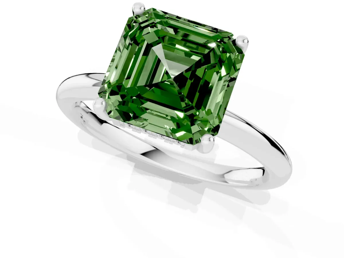 Fancy Green Asscher Cut Cut Solitaire Engagement Ring with Four-Prong Setting and Classic Band Silver