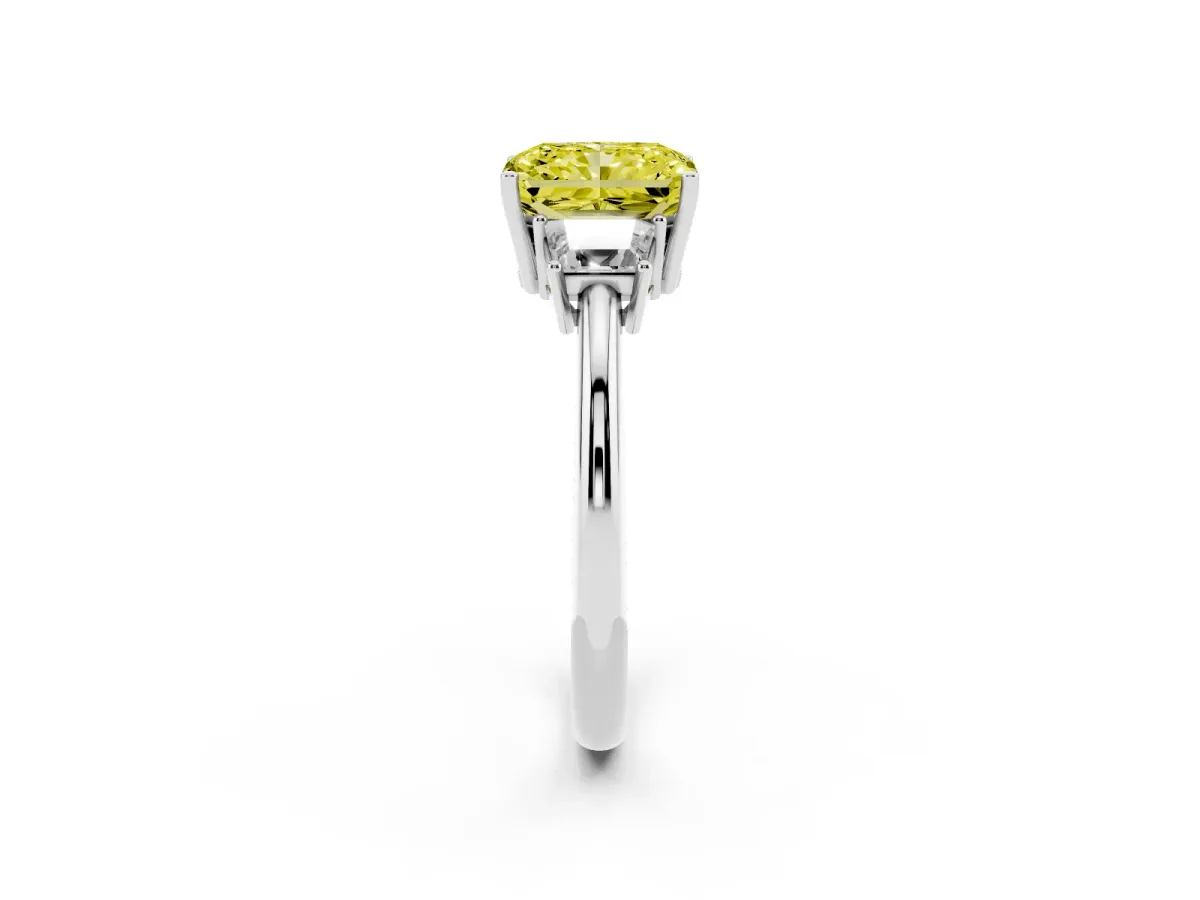 Fancy Yellow Radiant Cut Diamond Three-Stone Ring with Trapezoid Side Stones and Prong Setting Silver