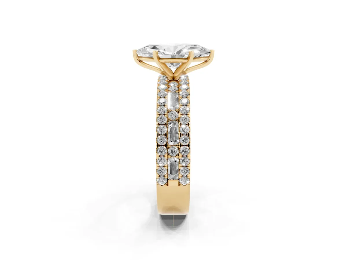 Marquise Cut Diamond Solitaire Ring with Pavé and Channel Set Band Yellow gold