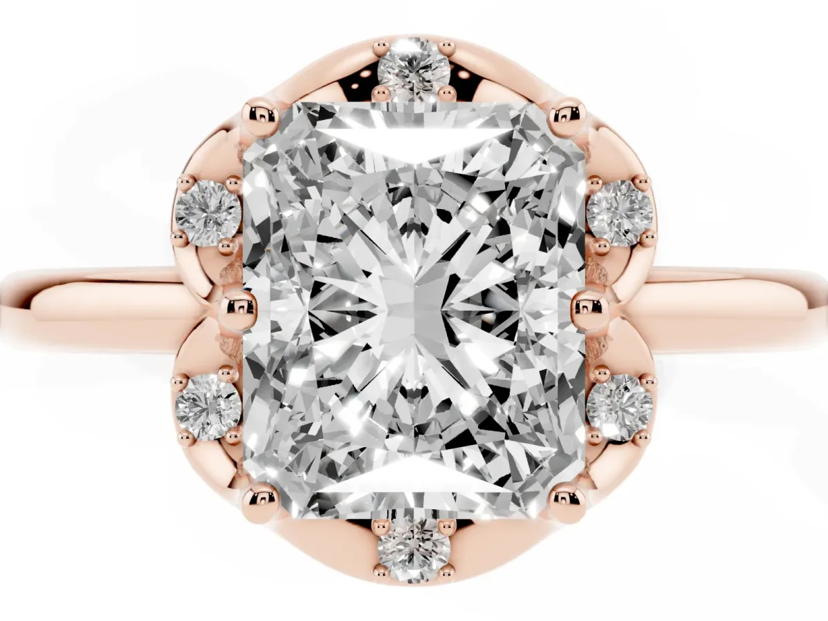 Radiant Cut Halo Diamond Ring with Round Cluster Setting, Solitaire Band, and Four-Prong Setting Rose gold