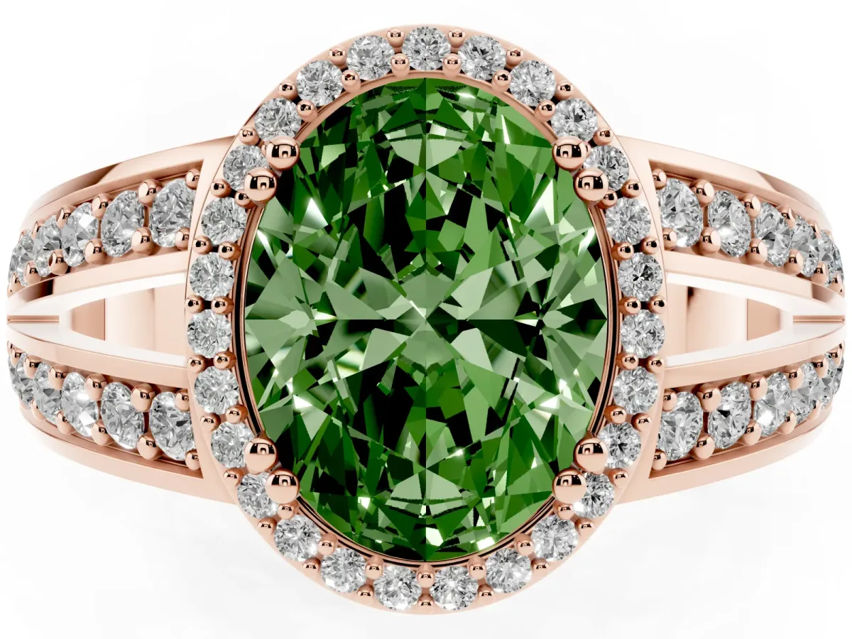 Fancy Green Oval Cut Diamond Halo Ring with Split Shank Pavé Band and Four-Prong Setting Rose gold