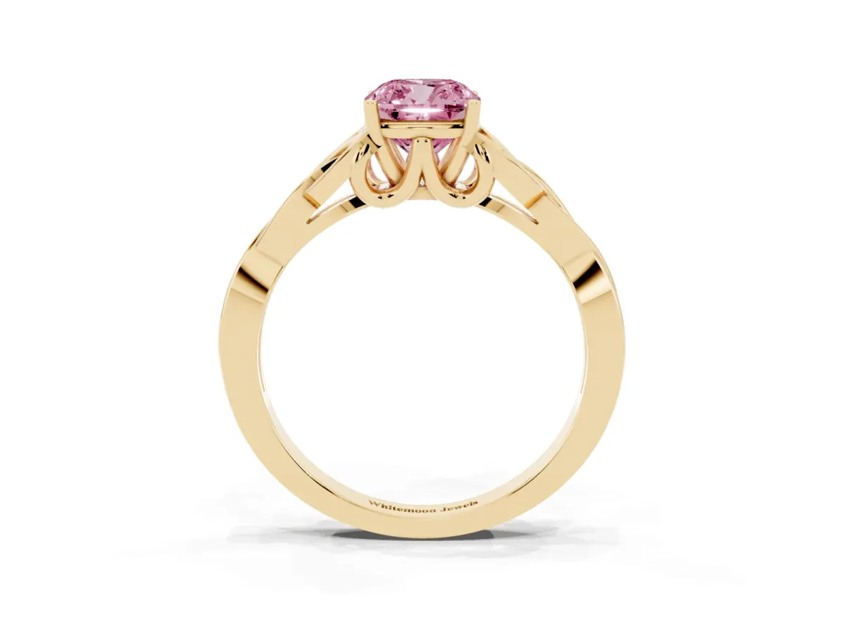 Fancy Pink Cushion Cut Diamond Solitaire Engagement Ring with Celtic Knot Band and Four-Prong Setting Yellow gold