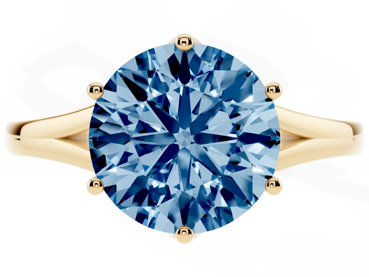 Fancy Blue Round Cut Solitaire Diamond Ring with Six-Prong Setting and Tapered Band Yellow gold