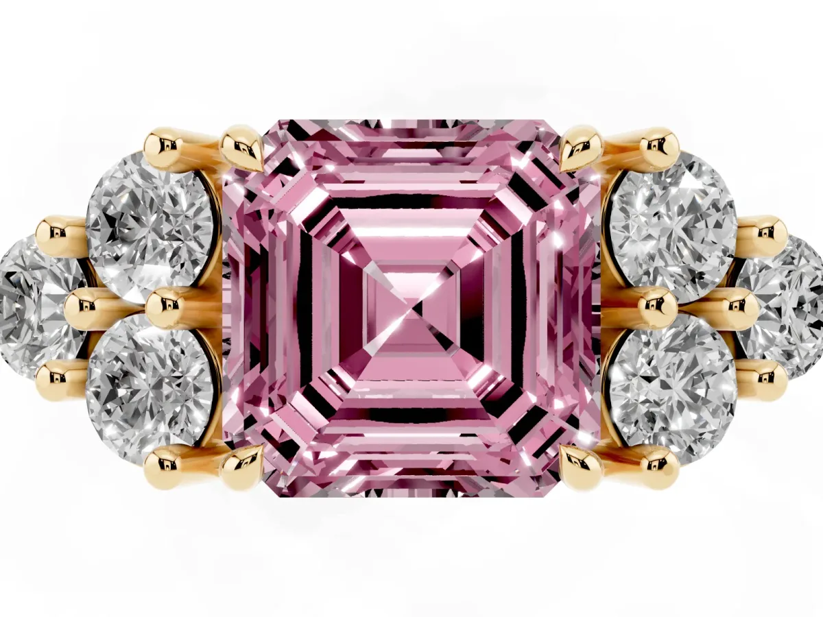 Fancy Pink Asscher Cut Brilliant Diamond Cluster Accent Solitaire Ring with Prong Setting Yellow gold